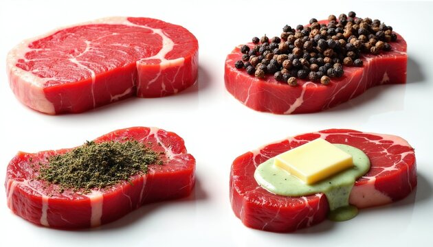 Four raw beef steaks shown with different seasonings and toppings. One plain ribeye, one with peppercorns, one with herbs, and one with butter and sauce. Preparing meat for cooking.