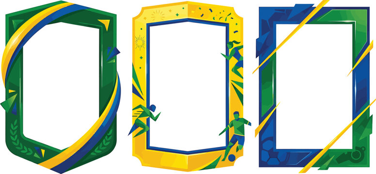 Set of three sportsthemed vertical frames with brazilian flag colors