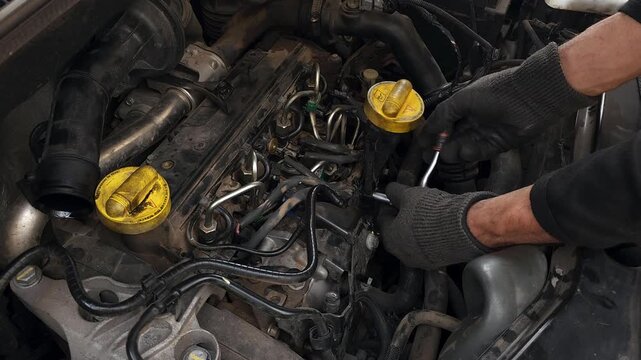 Close-up of a mechanic repairing a car engine in an auto workshop. Technician hands in protective gloves using tools to fix engine components under the hood. Automotive maintenance, repair service, di