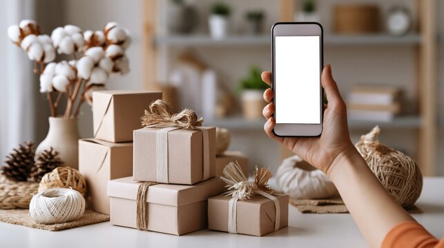 Small business owner photographing eco friendly kraft packaging with smartphone