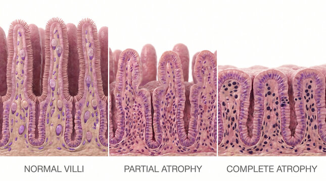 Intestinal Villi Atrophy Stages Normal vs Celiac Disease 3D Illustration
