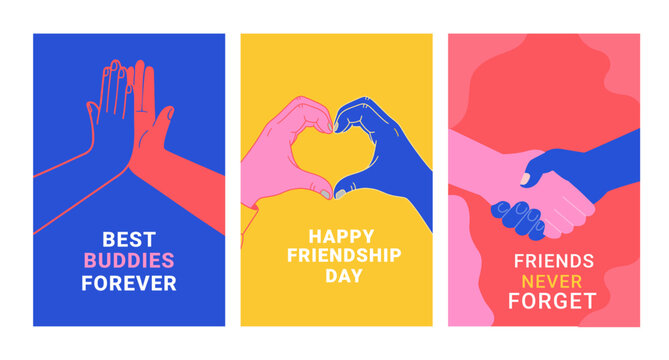 Three colorful friendship day posters with hands forming heart shapes and text