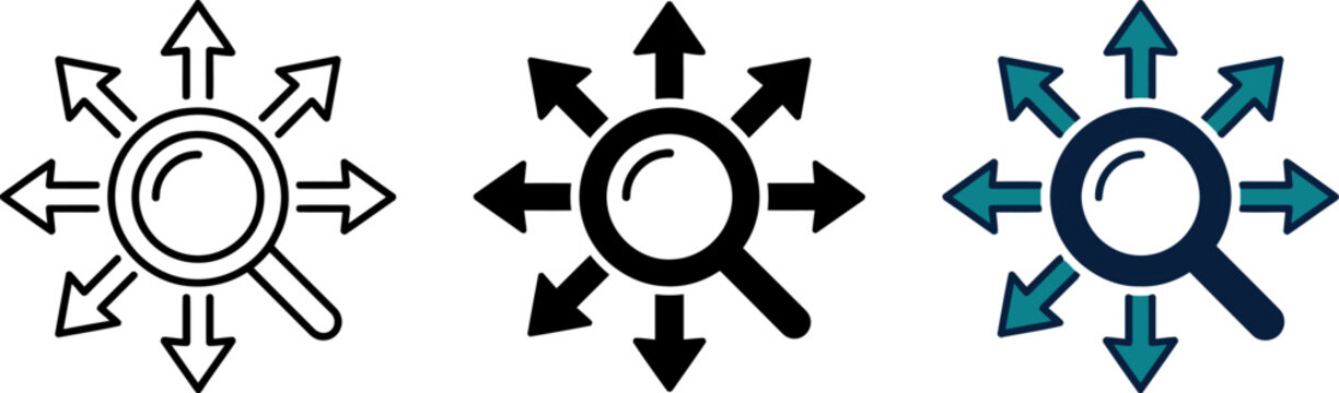 Three different types of arrows pointing towards a central