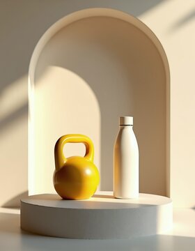Yellow kettlebell and white water bottle on podium. Modern gym aesthetic and premium wellness lifestyle concept. Minimalist studio setup for fitness.
