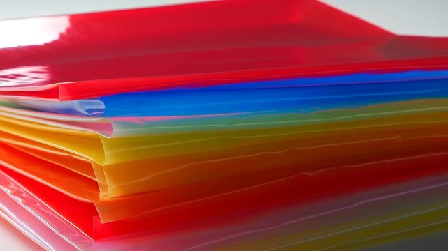 Panning shot of stacked translucent colored plastic sleeves sliding across white tabletop studio closeup revealing layered edges and glossy reflections