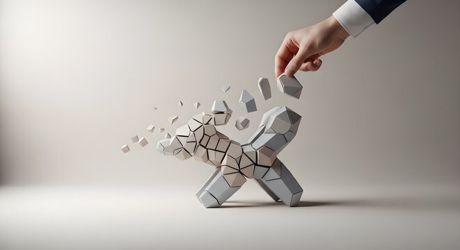 Hand Breaking Apart a Large Geometric 'X' Symbol into Small Fragments