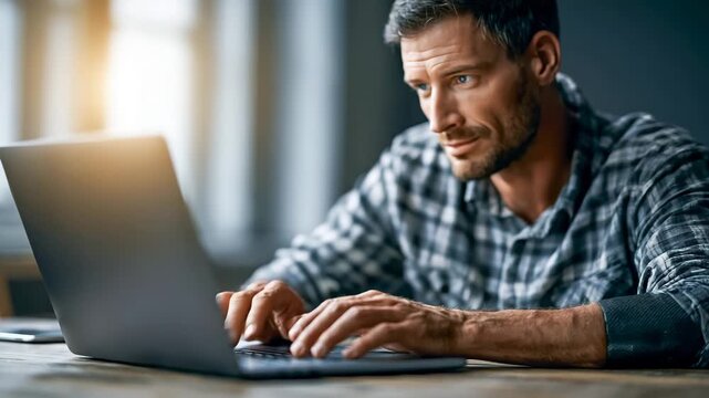 Young Adult with Carbon Fibre Prosthetic Arm Typing on Laptop at Wooden Desk