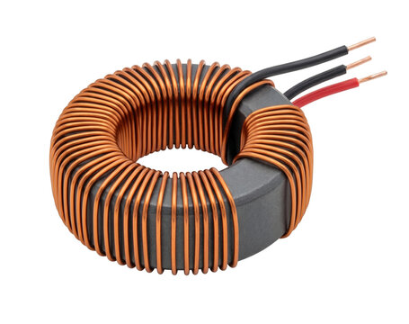 Toroid inductor coil component with three copper wire leads isolated on transparent background cutout.