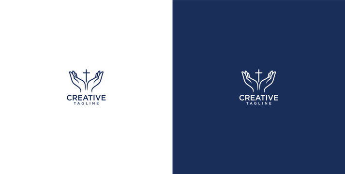 Christian cross logo with open cupped hands symbol for faith church charity community and religious spiritual hope identity branding design
