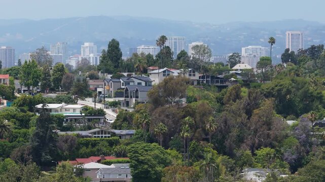 Luxurious real estate, expensive homes, verdant foliage, and Westwood skyline with high rises and buildings in Los Angeles, California