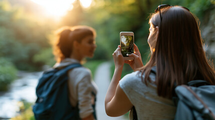 Obraz premium Faceless female friends documenting hiking journey with trail markers and milestone photos, journey documentation, photography moment, memory capture, with copy space