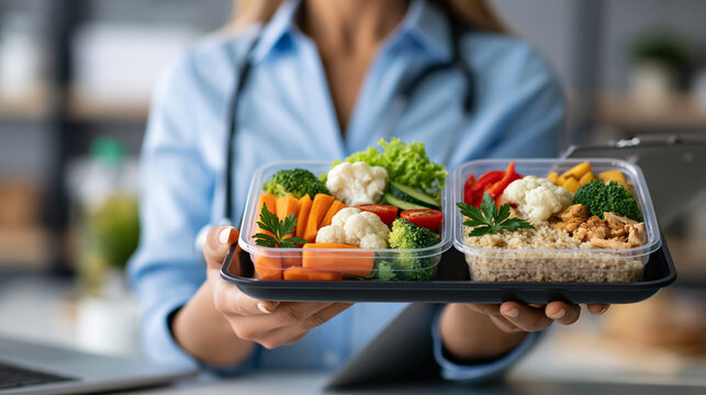 Faceless nutritionist displaying colorful meal prep containers with balanced portions of vegetables proteins and whole grains, professional nutrition, meal planning, dietary