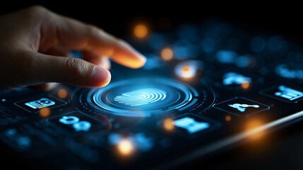 Obraz premium Digital fingerprint and icons representing technology and finance in modern design on black background, biometric technology, financial integration, technology design, with copy