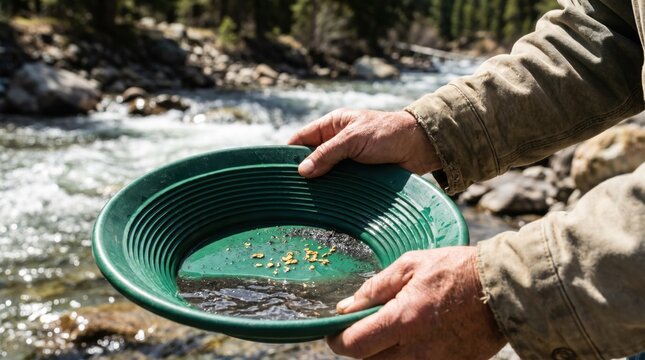 Gold panner holding a green pan with gold flakes in a river