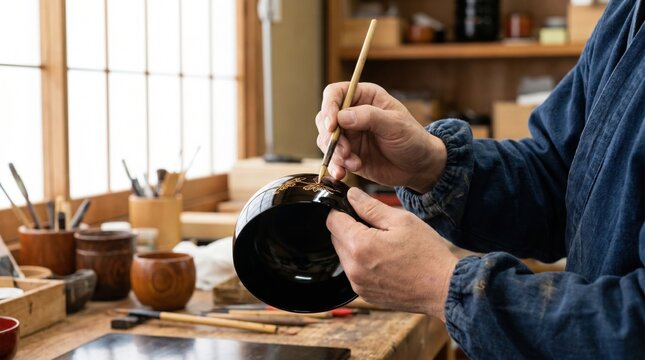 Craftsman painting fine details on a black lacquerware bowl