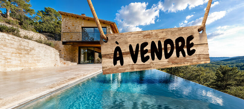 Maison de luxe en pierre &agrave; vendre avec piscine &agrave; d&eacute;bordement et panneau en bois suspendu, concept immobilier