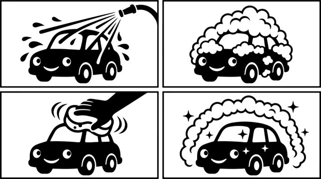 Car wash icon set with cute cartoon vehicle, black and white auto detailing process vector, 4 step car cleaning service sequence