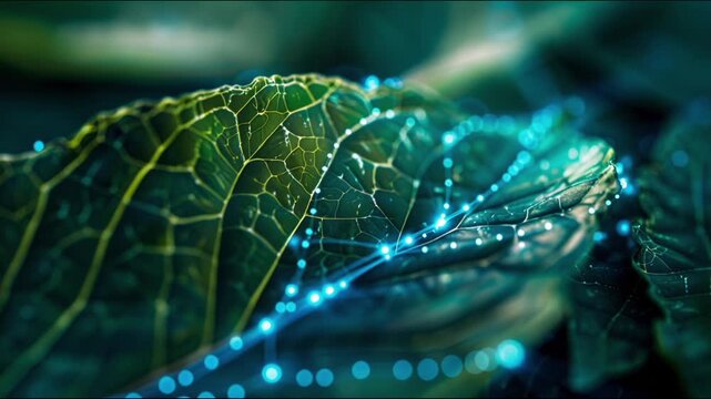 Futuristic neural network with glowing nodes on a green leaf surface, representing biotechnology and nature.