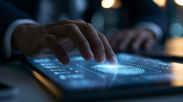 Exploring digital security with technology and fingerprint recognition in modern workspaces, biometric security, workplace technology, security systems, with copy space