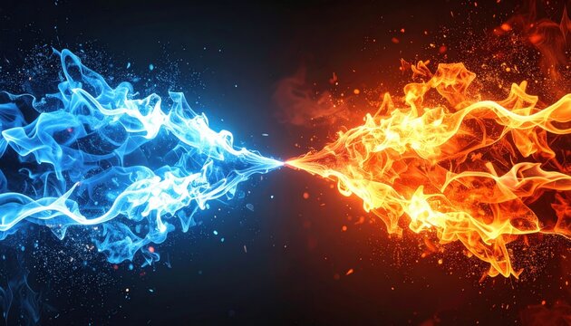 Abstract clash of blue electricity and orange flames, dynamic energy, power surge and dramatic light effects on black background.