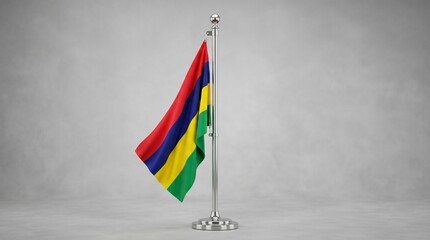 Naklejka premium The national flag of Mauritius, with its vibrant red, blue, yellow, and green horizontal stripes, proudly displayed on a polished silver flagpole against a simple grey background.