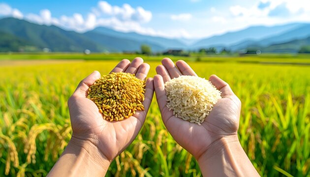 Hands holding unpolished and polished rice against a yellow field and mountain background