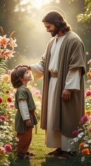 Fototapeta premium Jesus Christ blesses a child in a sunlit garden, symbolizing love, faith, and divine connection in a serene biblical moment.
