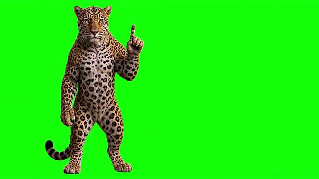 Realistic 3D leopard raising index finger up while talking and explaining, important advice and top tip educational business concept isolated on chroma key green screen background