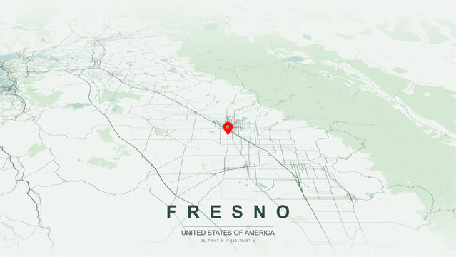 Minimalist vector map of Fresno, California, USA. High-quality scalable illustration of Fresno city grid, San Joaquin River contours, Golden State Highway SR 99, Yosemite Freeway SR 41 for posters.