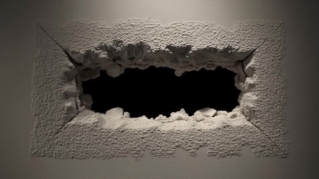 Static shot of rectangular hole in plaster wall with crumbling edges, falling debris and dark void in interior room under low light