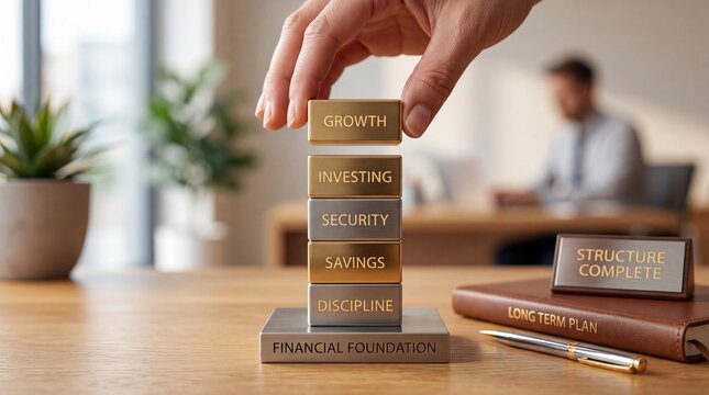 Hand building financial foundation blocks for growth