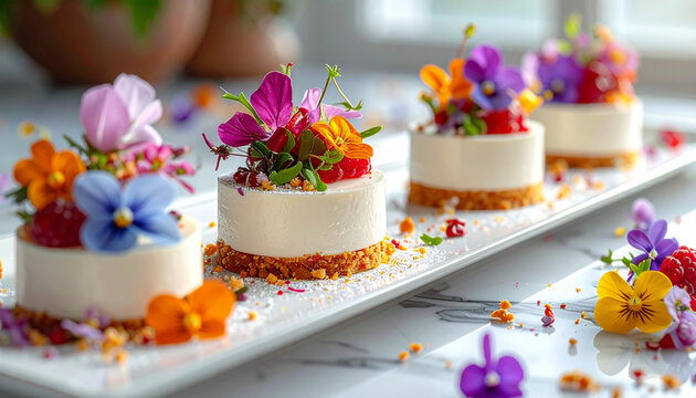 Kue keju mini berhiaskan bunga di atas piring saji
