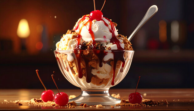 Sundae dengan sirup ceri dan cokelat