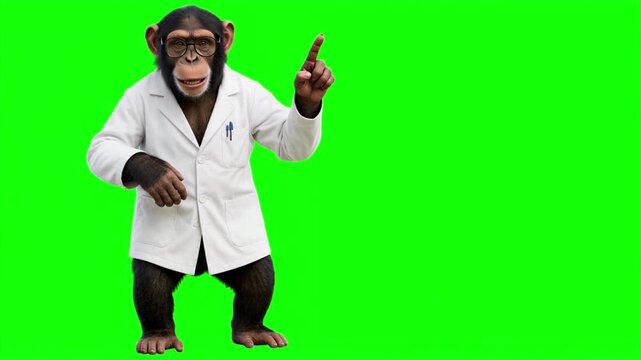 Realistic 3D chimpanzee scientist in lab coat raising index finger up and explaining, important research fact and scientific discovery concept isolated on chroma key green screen background
