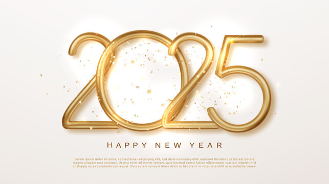 2025 Happy New Year greeting card template. Christmas horizontal banner design with congratulations. Golden numbers.