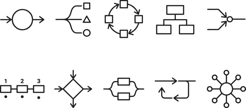 Set of process flow chart icons, business workflow diagrams, and system architecture symbols