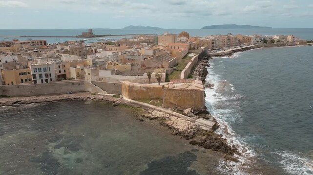 Bastione Conca, Trapani Aerial Closeup of Bastion Fortification and Sea Wall in 4k
