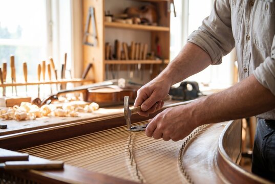 Luthier using pliers to string a wooden harpsichord or piano