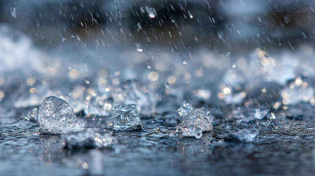 Raindrops freezing into sparkling ice crystals