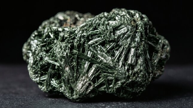 Close-up of a dark green actinolite mineral specimen with needle-like crystals