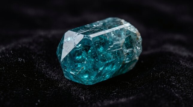 Raw blue apatite crystal on dark velvet surface