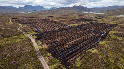 Naklejka premium Aerial view of peat cutting fields in a remote Scottish highland landscape