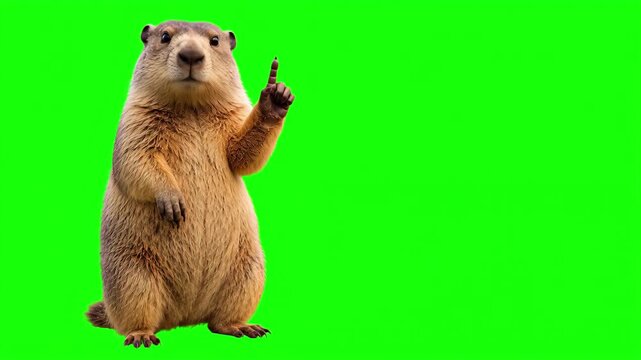 Realistic 3D marmot raising index finger up while talking and explaining, important advice and top tip educational business concept isolated on chroma key green screen background