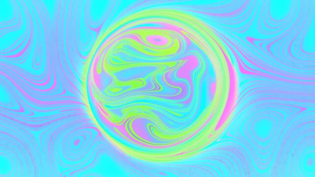 Slow motion rotating marbled sphere spinning and drifting across pastel swirl background with wavy seamless pattern and neon gradient colors