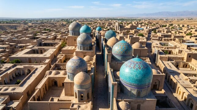 Aerial view of ancient city with turquoise domed mosques and clay buildings
