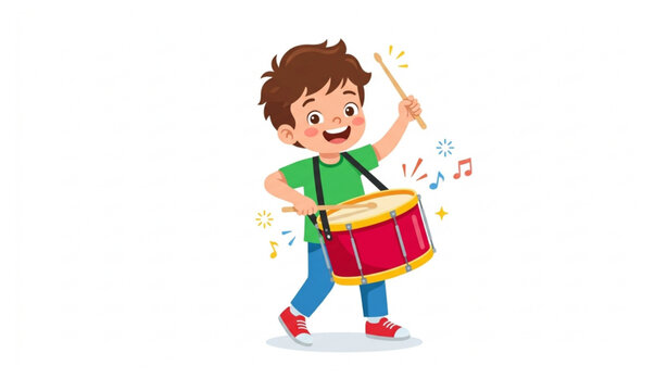 Happy Boy Playing Red Drum Cartoon Vector Illustration with Joyful Music Performance