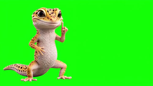 Realistic 3D gecko raising index finger up while talking and explaining, important advice and top tip educational business concept isolated on chroma key green screen background