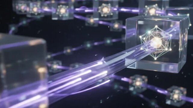 Abstract 3d render of a digital blockchain network with glowing interconnected data cubes and light beams representing secure information transfer