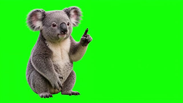 Realistic 3D koala raising index finger up while talking and explaining, important advice and top tip educational business concept isolated on chroma key green screen background