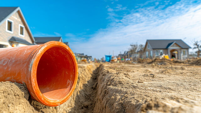 Orange plastic pipe close up at a residential construction site with a dug trench and houses background. Underground utilities installation process under blue sky